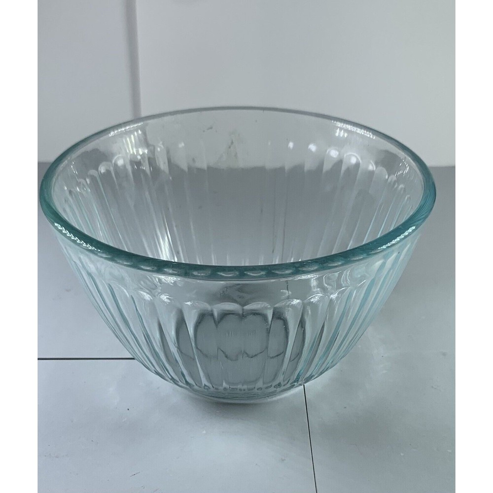 Pyrex Vintage 7401-S Ribbed Clear Glass Blue Tint 3-Cup Mixing Bowl U.S.A.